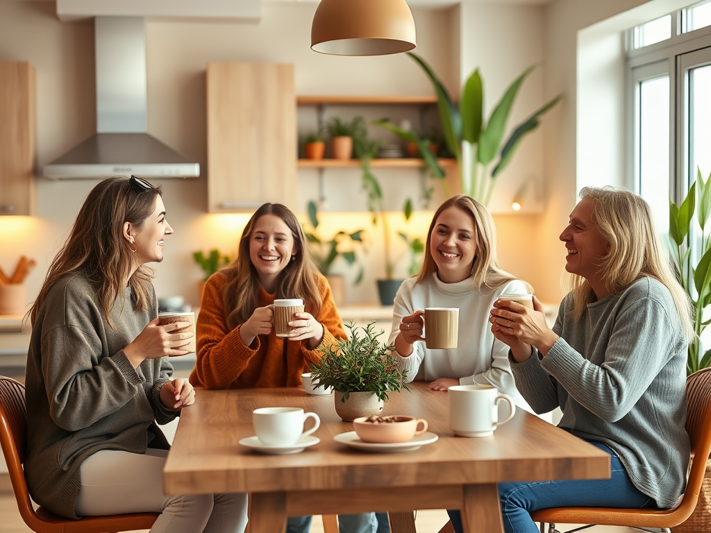 Vier vrouwen genieten van een gezellige koffiemoment aan tafel, omgeven door planten in een lichte keuken.