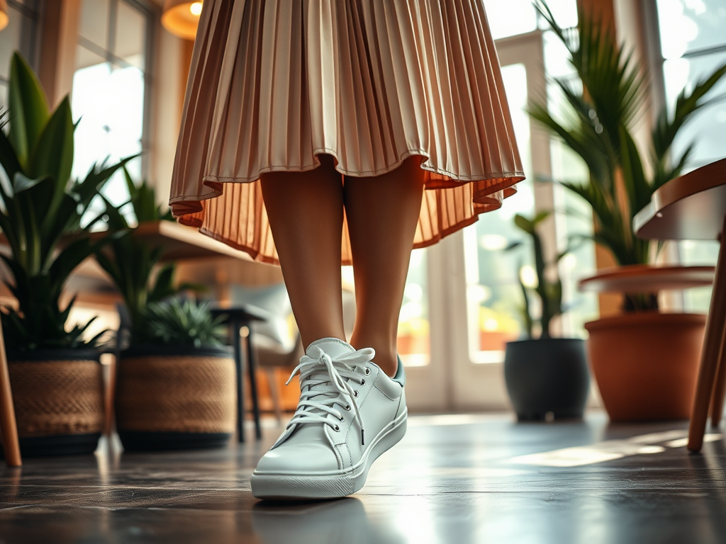 Een vrouw in een plisse jurk staat op een houten vloer, met een focus op haar witte sneakers en groene plantenachtergrond.