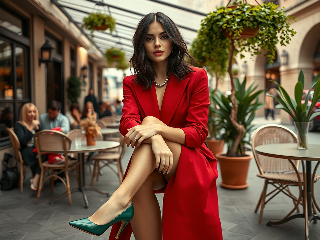 Een vrouw in een rode outfit zit met crossed legs in een café, omringd door planten en andere gasten.