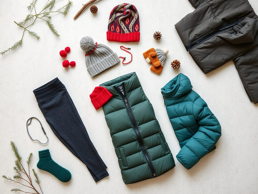 Een flatlay van winterkleding: jassen, leggings, mutsen en accessoires op een lichte achtergrond.