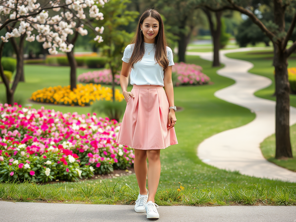 Een vrouw staat in een bloementuin met kleurrijke bloemen, gekleed in een lichtblauwe top en roze rok.