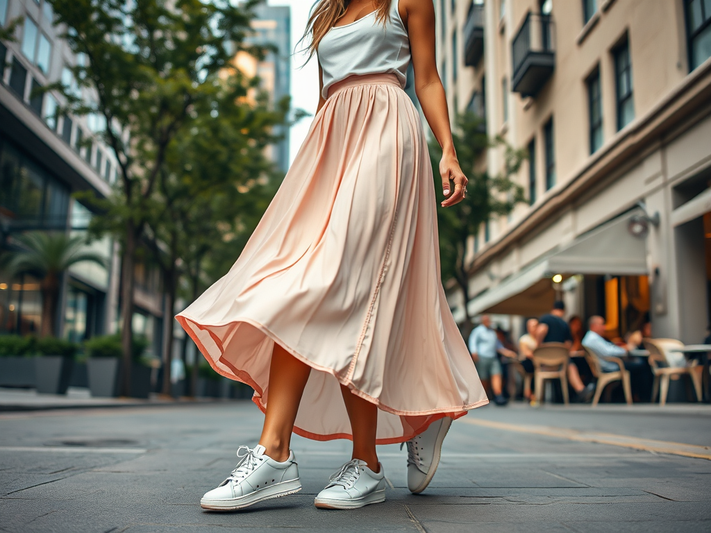 Hoe je sneakers kunt stylen onder een elegante lange rok