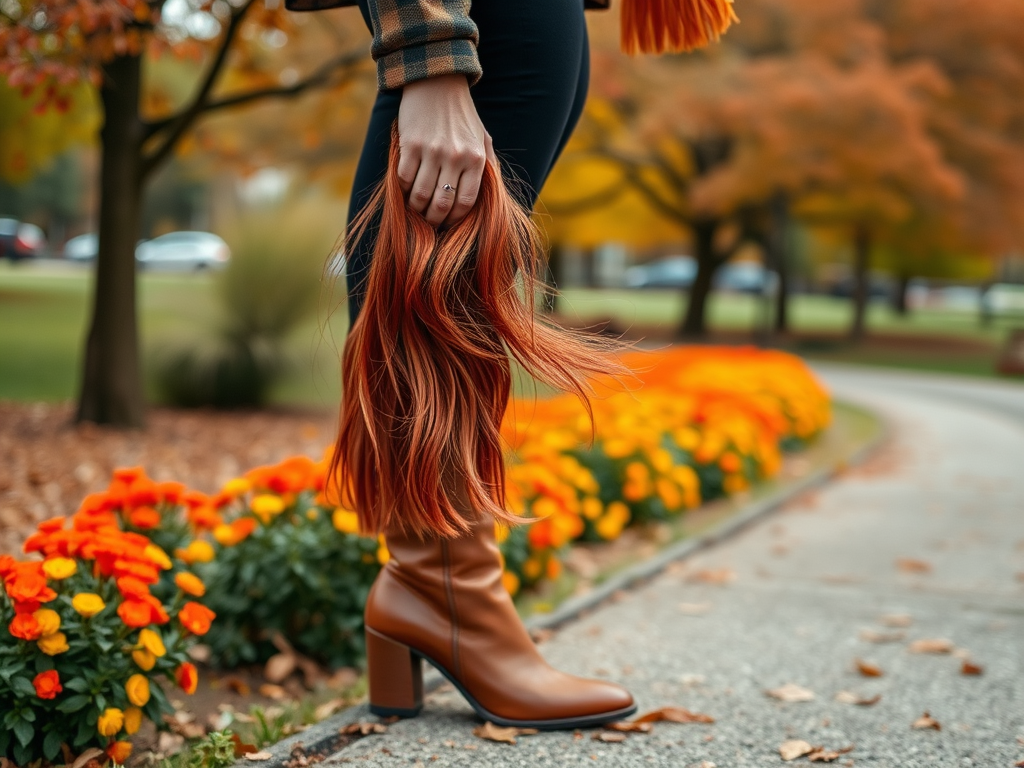 Een hand houdt een pluk lang, oranje haar vast, terwijl een vrouw met bruine laarzen bij bloeiende bloemen staat.