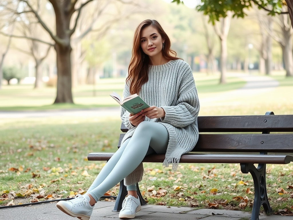 Een vrouw zit op een bank in het park en leest een boek, omringd door herfstbladeren.