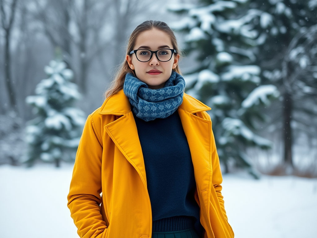 Een vrouw in een gele jas en blauwe sjaal, staand in een besneeuwd landschap.