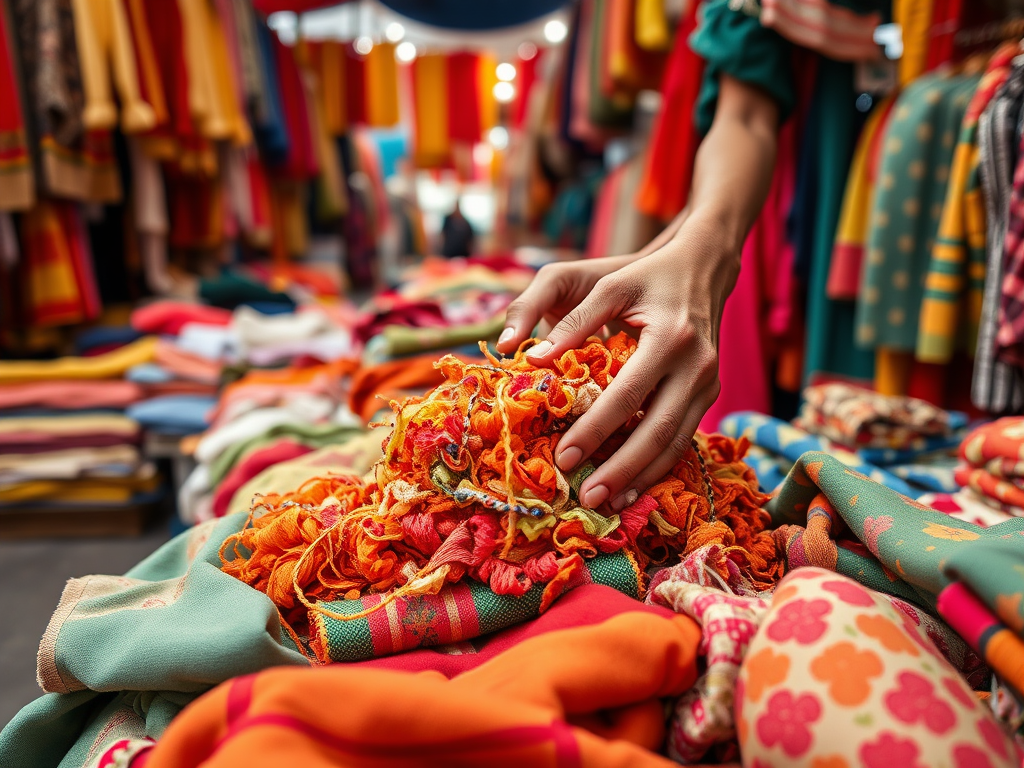 Een hand die kleurrijke stoffen aanraakt op een markt vol met verschillende textiel.