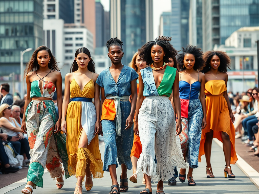 Een groep vrouwen modetint, gekleed in kleurrijke outfits, loopt over een catwalk in een stedelijke omgeving.