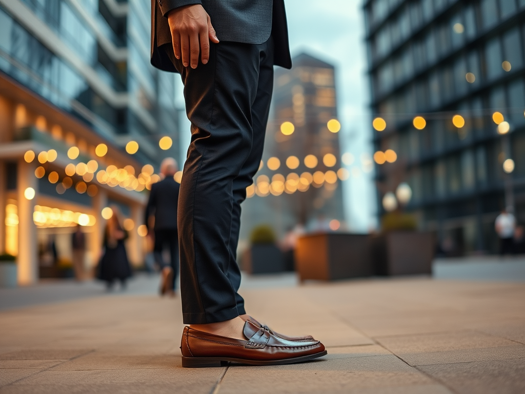 Een man in nette kleding staat op straat, met een focus op zijn leren schoenen en de achtergrondverlichting.