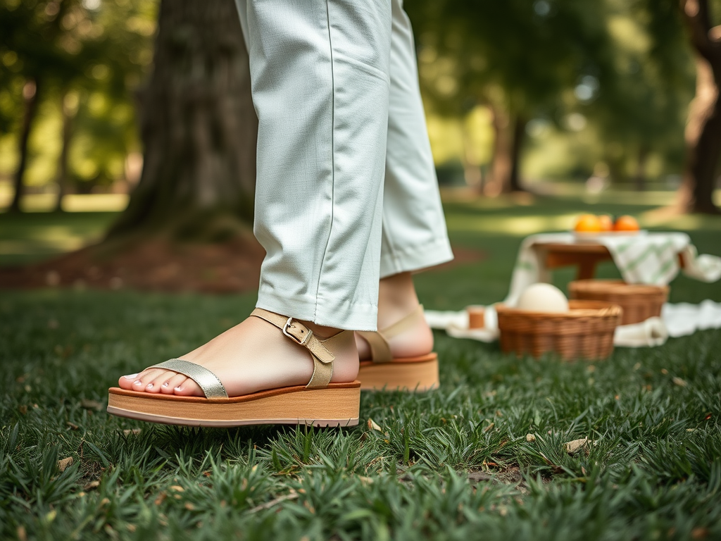 Elegante sandalen met een houten zool, gedragen in een groene omgeving met een picknick in de achtergrond.